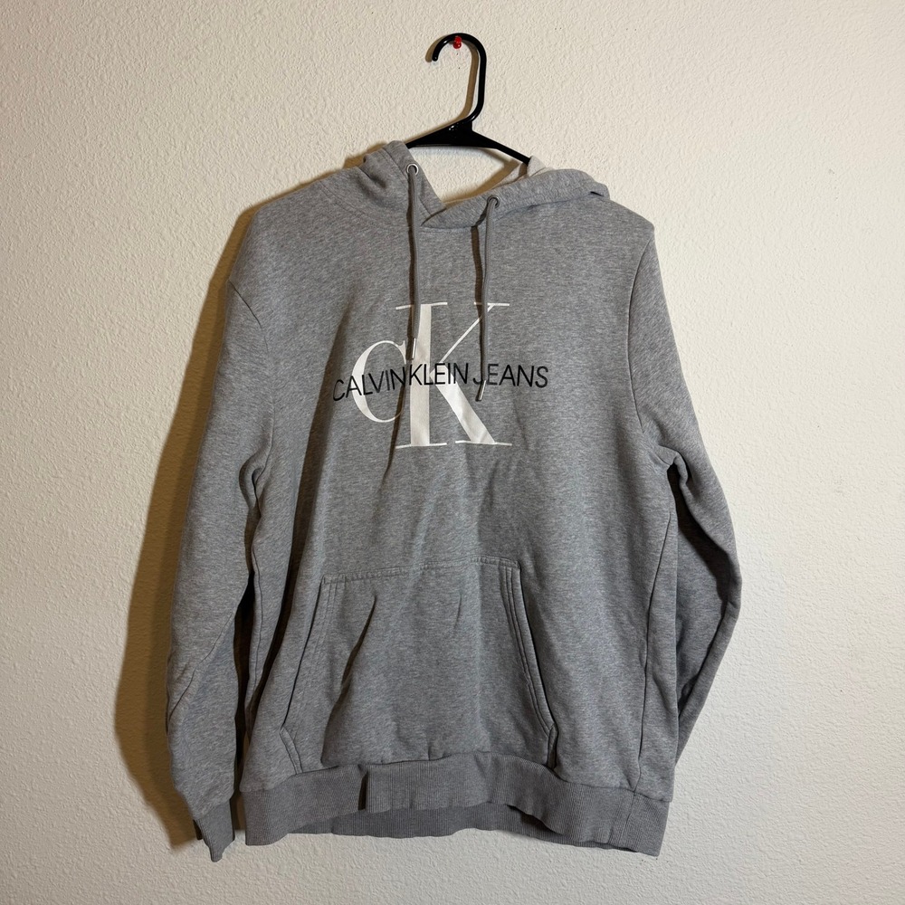 Calvin Klein Jeans Mens XL Gray Logo Graphic Fleece Pullover Hoodie Sweatshirt